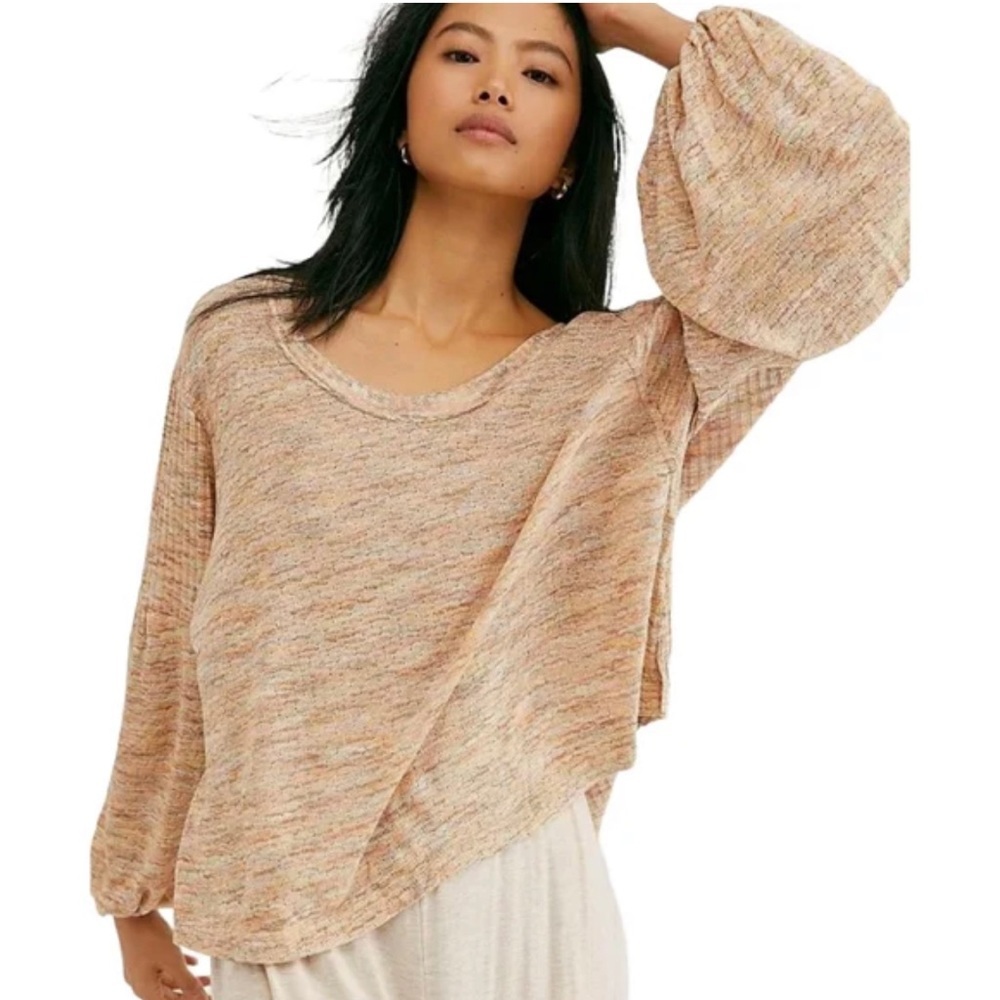 Free People Boho Knit Long Sleeve Top Happy Day Puff Sleeve Slouchy Blouse